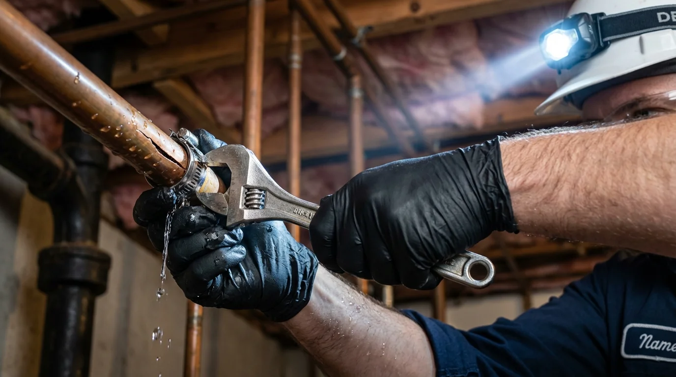 Emergency pipe clamp repair being performed by a Johns Plumbing LLC plumber in Mora