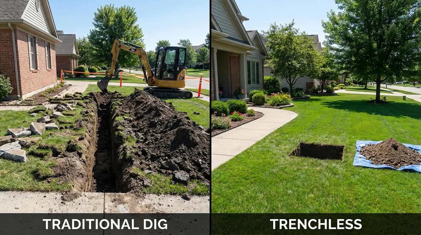 Trenchless sewer repair with minimal yard damage versus traditional excavation in Mora, NM