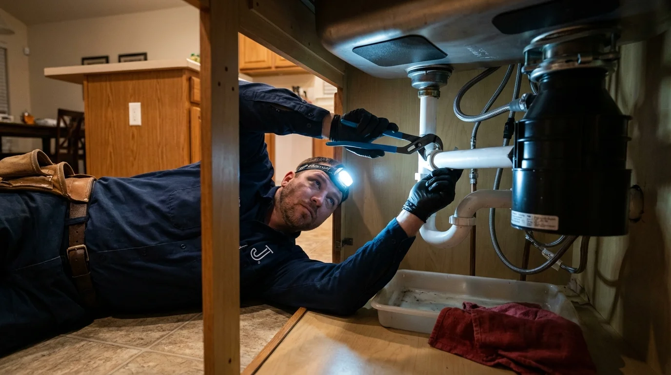 P-trap and supply line connections under a kitchen sink showing a common leak point in Mora, NM